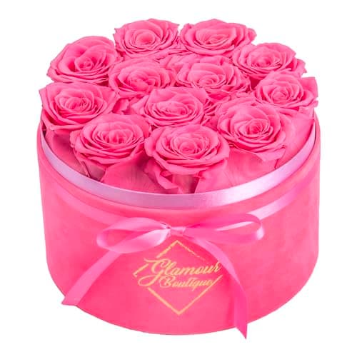 GLAMOUR BOUTIQUE Flower Forever Gift Box 12 Real Preserved Roses in Round Velvet White Box, Handmade, Rose Petals, Birthday, Marriage, Anniversary, Graduation - Velvet Pink - Image 1