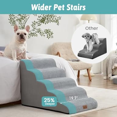 COZY KISS Wide Dog Stairs 19.7" Width, Pet Step for Small/Medium/Large Dog, Puppy or Cat, Pet Ramp for High Bed or Car, High Density Foam Ladder, 19.7x33x22.4 in, Stable, 5 Step, Grey - Image 2