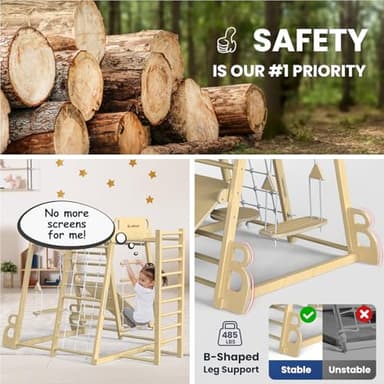 Upgraded Indoor Jungle Gym 9-in-1 Playground Kids Climbing Toys, Montessori Philosophy Waldorf Style Wooden Climber Playset with Slide, Swing, Monkey Bars, Upright/Rope Ladder, Climb Net, Natural Wood - Image 5