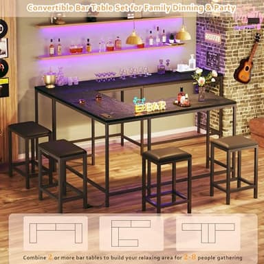 HUAHUU Bar Table and Chairs Set for 2-4, 63'' Convertible L-Shaped Kitchen Table with Power Outlets, 3 Piece Counter Height Small Dining Table with 2 Stools, Space Saving, Breakfast Nook Corner, Black - Image 5