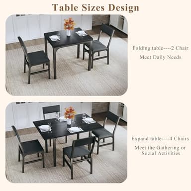 HUAHUU Dining Table Set for 4, Extendable Kitchen Table Cushion Chairs Set of 4, Rectangle Dining Table with Metal Frame & MDF Board, Folding for Small Apartment Saving Space, Black - Image 3