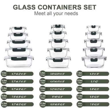 KOMUEE 30 Pieces Glass Food Storage Containers Set, Glass Meal Prep Containers Set with Snap Locking Lids, Airtight lunch Containers for Microwave, Oven, Freezer & Dishwasher,Gray - Image 3