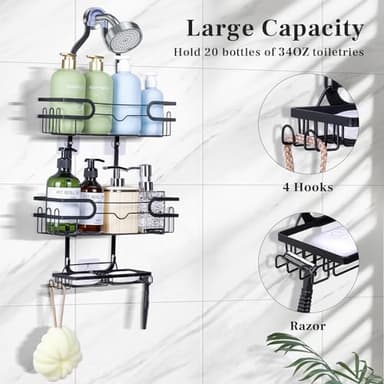 Tonswachic Bathroom Hanging Shower Organizer,Large Hanging Shower Caddy with Hooks for Razor and Sponge Rustproof,Over The Shower Head Caddy with Soap Basket - Black, SC001A - Image 2