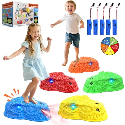 Dinosaur Toys for Kids 3-5, Mist Spraying Dino Roaring & Light up Stepping Stones for Kids, Indoor & Outdoor Durable Non-Slip Sensory Balance Stones with 5 Rechargeable Batteries, Gift for Toddlers - Image 1
