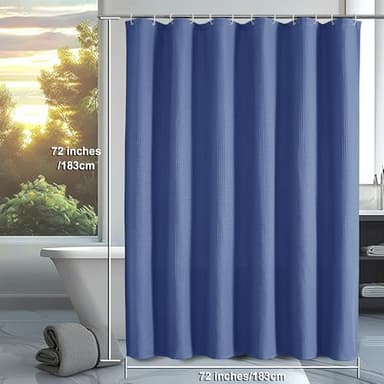 OVZME Blue Shower Curtain Set, Waffle Textured Heavy Duty Fabric Shower Curtain for Bathroom, Luxury Hotel Weighted 230GSM Bath Curtain with 12 Plastic Hooks, Machine Washable, 72x72 - Image 2