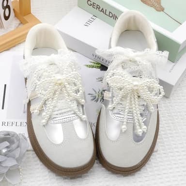 WEGOODZF Flat Lace Shoelaces for Women: 2 Pairs 2.3 CM Wide 47 Inch White Lacy Fancy Shoe Laces - Image 2