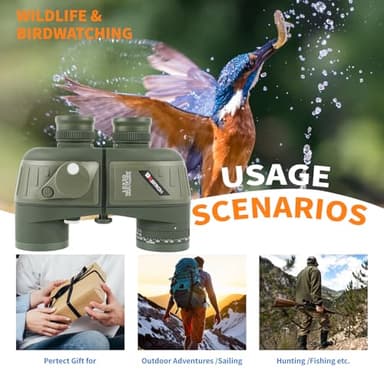 10X50 Binoculars with Compass and Rangefinder,Phone Adapter,Strap,BAK4 Prism FMC Lens,Shockproof IPX7 Waterproof Military Tacticle Binocular for Adults with Birdwatching Sailing Boating Hunting - Image 6