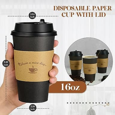 LITOPAK 100 Pack 16 oz Paper Coffee Cups with Lids, Black Disposable Coffee Cups with Lids, Sleeves and Stirring Sticks, for Parties, Picnic, Travel, and Events - Image 2