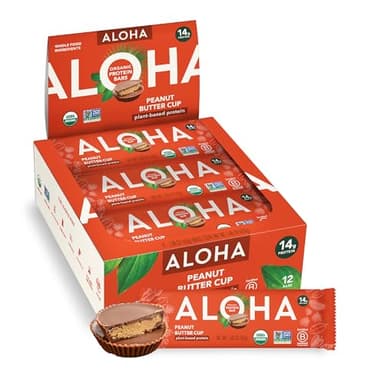 ALOHA Organic Plant Based Protein Bars - Peanut Butter Cup Bar - 12 Bars, Vegan, Low Sugar, Gluten-Free, Low Carb, Non-GMO, No Stevia, No Erythritol - Image 1