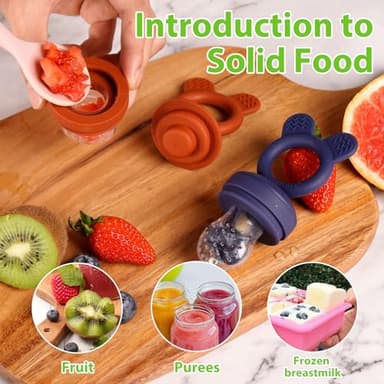 Bessentials Baby Fresh Fruit Food Feeder - 2 Pack Silicone Baby Mesh Feeders for Infant Safe Self Feeding |3 Sizes Food Pouches Included| Suitable for Baby 4m+ (Dark Red & Navy Blue) - Image 3