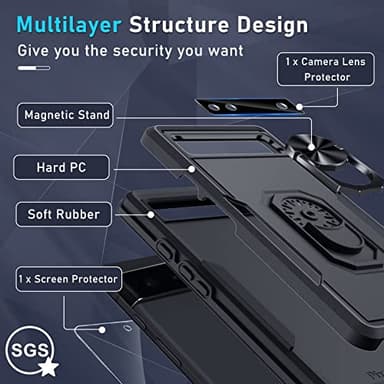 Janmitta for Google Pixel 6a Case with Screen Protector+Camera Lens Protector,Heavy Duty Shockproof Full Body Phone Cover,Built in Metal Ring Holder Kickstand,2022 Black Matte - Image 4