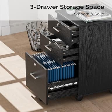 VINGLI 3-Drawer File Cabinet with Lock, Wood Rolling Filing Cabinets for Home Office, Mobile Printer Stand, Under Desk File Organizer for Letter Sized Files, 26" H(Caster Included), Black - Image 4