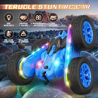Terucle Remote Control Car, Rc Cars Stunt Kids Toys New Upgraded Strip Lights and Headlights Double-Sided 360° Rotating 4WD Drift Truck for Boys Girls Birthday Gift (Blue) - Image 4