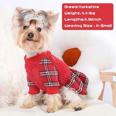 Dog Sweater Dresses for Small Dogs Girl Boy, Plaid Dog Clothes Outfit, Winter Warm Fleece Princess Plaid Dresses, Pet Festival Outfits Apparel Clothing, Small, Red, S - Image 4