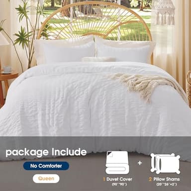 FreshCulture White Duvet Cover Queen Size, 3-Piece Seersucker Duvet Cover Set, Ultra Soft Microfiber Bedding for All Seasons, Zipper Closure&Corner Ties(90"x90" + 2 PillowSham 20"x26") - Image 5