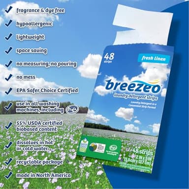 Breezeo Laundry Detergent Strips (48 strips) - Fresh Linen Scent - More Convenient than Pods, Pacs, Liquids or Powders – Great for Home, Dorm, Travel, Camping & Hand-Washing - Image 5