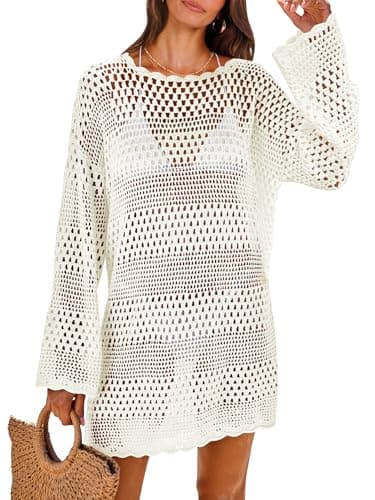 ANRABESS Women Swimsuit Crochet Swim Cover Up 2025 Summer Bathing Suit Swimwear Mesh Knit Beach Dress Vacation Outfits Cream White Medium - Image 1