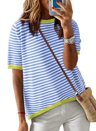 Dokotoo Womens Tops Short Sleeve Summer Fashion Striped Shirt Women Color Block Crewneck Knitted Top 2025 Casual Loose Fit Tshirts Shirts for Women Trendy Blouses Sky Blue Large - Image 1