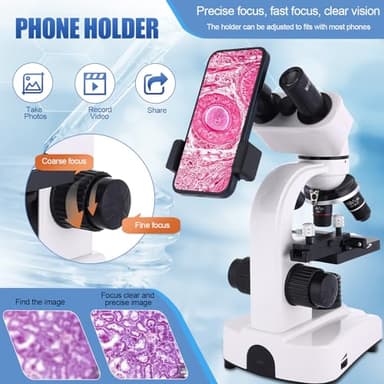 Microscope for Adults & Kids,40-2500X Binocular Microscope for Students, School Lab & Home Schooling,Equiped with Mechanical Stages,Slides Set & Phone Holder - Image 5