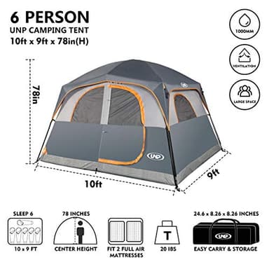 UNP Tents 6 Person Waterproof Windproof Easy Setup,Double Layer Family Camping Tent with 1 Mesh Door & 5 Large Mesh Windows -10'X9'X78in(H) Gray - Image 2