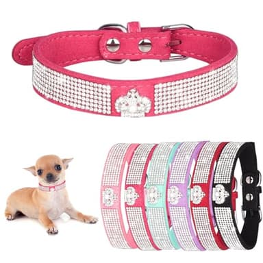 Small Dog Collar for Female Dogs,Crown Bling Puppy Collars Girls Cute Rhinestone Dazzling Sparkling Pretty Bling Crystal Diamond for XXS XS Small Medium Large Pet Cats,Hot Pink XS - Image 1