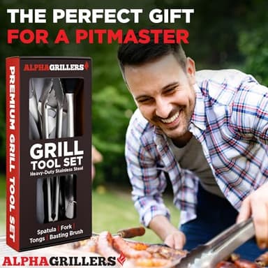 Alpha Grillers Grilling Accessories - BBQ Accessories Grill Gifts for Men Dad Him Husband Son Boyfriend Birthday - Barbecue Grilling Tools Utensils Set with Spatula, Fork, Brush, Tongs Kit - Image 3