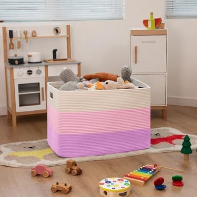 OIAHOMY 108L Super Large Blanket Basket, 25”x16”x16” Rectangle Woven Baskets for Storage, Cotton Rope Basket For Living Room, Toy Storage with Handle - Gradient Pink - Image 5