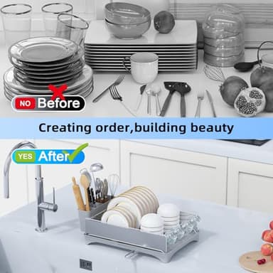 Gajbah Dish Drying Rack, Dish Racks for Kitchen Counter with Drain, Dish Drying Rack for Kitchen Counter with Cutlery Holder.16.5"(D) X 12"(W) (Light Grey) - Image 2