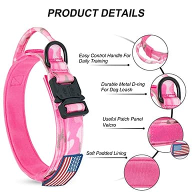 Hotsky Tactical Dog Collar and Leash Set, Heavy Duty Military Airtag Dog Collar with Handle and Metal Buckle for Training and Walking, with Airtag Holder and Two Patches (Pink Camo, M) - Image 3