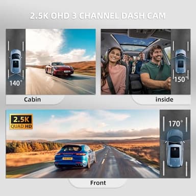 3 Channel Dash Cam Front and Rear Inside, Free 64G SD Card, Triple Dash Camera for Cars, 2.5K UHD Vital Dash Cam, 3.18" IPS Large Screen, IR Night Vision, 24/7 Recording Parking Mode Monitor（Black） - Image 3