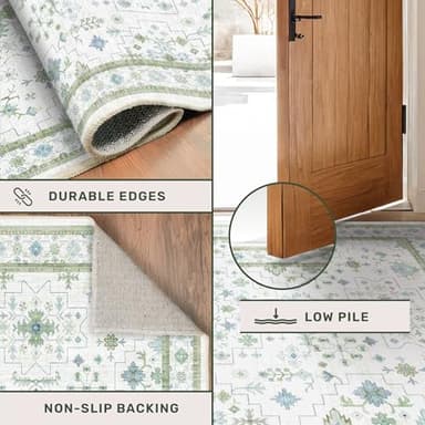 Oriental 10x14 Rug Living Room - Washable Oushak Boho Extra Large for Bedroom Non Slip Soft Faux Wool Carpet for Dining Room Playroom - Cream Blue and Green Floral Rug - Image 5
