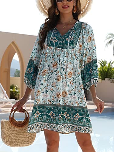 Qearal Summer Dresses for Women Trendy Boho Floral Print Cover Up Beach Dresses Blue XXL - Image 3