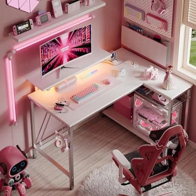 Bestier White Computer Desk with Charging Port & LED Strip,42 inch Modern Gaming Desk with Reversible Storage Shelves,Small L Shaped Desk with Hooks for Home Office - Image 6