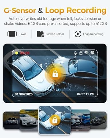 GKU 4K 3 Channel Dash Cam, 5.8GHz WiFi Built-in GPS, 4K+1080P+1080P Dash Cam Front and Rear Inside, 64GB Card Inserted, 24H Park Mode, Triple Car Camera 3 Inch Screen - Image 8