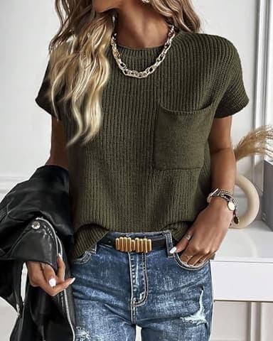 KIRUNDO Summer Fall Short Sleeve Sweater for Women 2025 Casual Sweater Vest Cotton Knit Pullover Tank Tops Fashion Clothing(Army Green, Medium) - Image 6