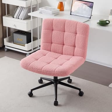 Furnimart Swivel Criss Cross Legged Chair with Wheels for Home Office, Wide Armless Desk Chair Height Adjustable Comfy Seat for Desk,Vanity, Bedroom, Faux Fur Pink - Image 3