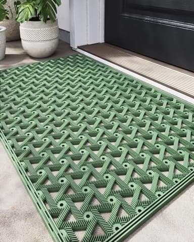 DEXI Front Door Mat Outside Entrance, 24x36 Welcome Rubber Doormat Waterproof, Drainage Heavy Duty Entry Mats with Non Slip Backing, Low Profile Dirt Trapper for Patio Entryway, Green - Image 1