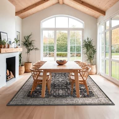 Black Boho Rug for Living Room 9x12 - Washable Dining Room Rugs for Under Table, Vintage Soft Low Pile Carpet for Bedroom, Non-Slip Farmhouse Bohemian Large Tumble Rug for High Traffic Area - Image 3