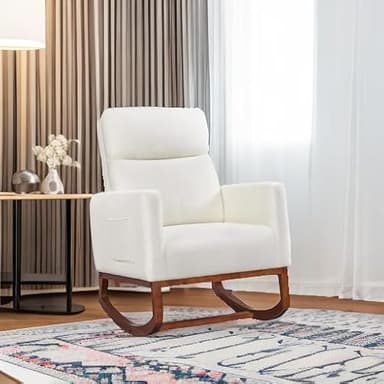 Yaheetech Upholstered Rocking Chair, Boucle Glider Chair Nursery Chair with High Back and Side Pocket, Rocking Accent Armchair with Rubber Wood Legs for Living Room/Bedroom/Nursery, Ivory - Image 5