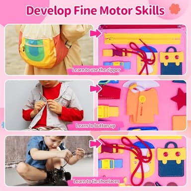 PITCOTT Busy Board Montessori Toys for 1 2 3 4 Year Old Toddlers -Travel Toy for Plane Car, Birthday Gift for Boys Girls - Preschool Educational Learning Activity Sensory Fine Motor Skills (Pink) - Image 3