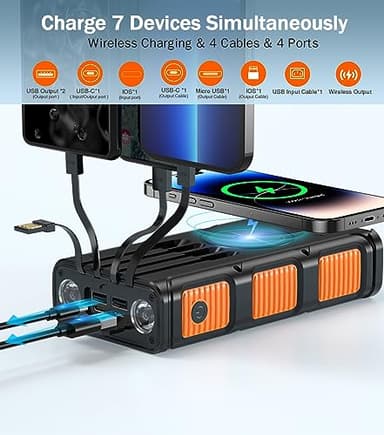 GOODaaa Power Bank Wireless Charger 45800mAh Built in Hand Crank and 4 Cables 15W Fast Charging Power Bank 7 Outputs & 4 Inputs Solar Portable Charger, SOS/Strobe/Strong Flashlights, Compass - Image 2