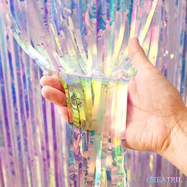 Iridescent Party Streamers Backdrop - GREATRIL Neon Transparent Holographic Tinsel Foil Fringe Curtain for Mermaid/Frozen/Sea/Euphoria/ERAS Party Theme Decorations 3.2ft x 6.5ft 2 PCS - Image 8