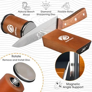 Rolling Knife Sharpener Kit, Kitchen Knife Sharpener Set, Knife Sharpening Tools, 15 & 20 Degree Sharpening for Kitchen Knives, Diamond and Ceramic Discs, Leather Strop, Polishing Compound - Image 4