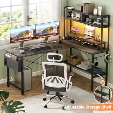 Aheaplus L Shaped Gaming Desk with Power Outlets & LED Lights, Small L- Shaped Desk Computer Corner Desk with Monitor Stand & Storage Shelf, Home Office Desk Writing Desk with Storage Bag, Grey Oak - Image 5