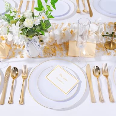 KIRE 200PCS Gold Plastic Plates - Disposable Plates for Party - White Plastic Plates with Gold Rim Include 100 for Dinner and 100 for Dessert/Salad in Wedding/Thanksgiving - Image 6