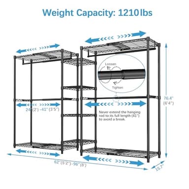 VIPEK X3 Expandable Heavy Duty Clothes Rack Adjustable from 5'2" to 8' with Adjustable Shelves and Hanger Rods, Large Freestanding Clothing Racks Reach-in & Walk-in Closet, Max Load 1210LBS, Black - Image 5