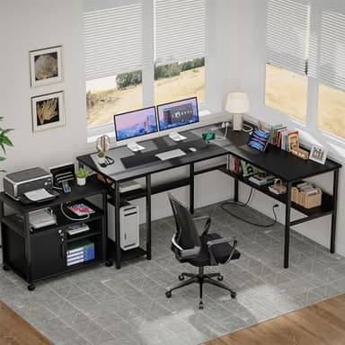 Unikito Reversible L Shaped Desk with Magic Power Outlets and USB Charging Ports, Sturdy Corner Computer Desk with Storage Shelves, Gaming Table Home Office Desk, Easy to Assemble, Black - Image 8