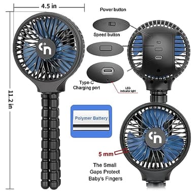 WiHoo Portable Stroller Fan, 11H Ultra-long Battery Life 3 Speed 360°Rotate, USB Rechargeable or Battery Operated Cooling Clip On Personal Fan for Baby Crib Travel Car Seat Black - Image 2