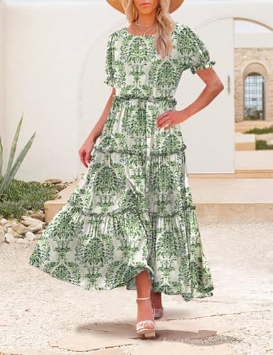 YESNO Summer Casual Bohemian Floral Dresses for Women Puff Short Sleeve Long Maxi Dress with Pockets (L ETX CR425) - Image 3