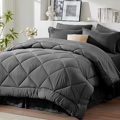 Newspin Twin Comforter Set Dark Grey - Bed in a Bag Twin Size 6 Pieces, All Season Bed Set, Fluffy Comforter Set with Sheets, Sheet Set Quilt Blanket, Pillowcases & Shams & Bed Skirt - Image 1